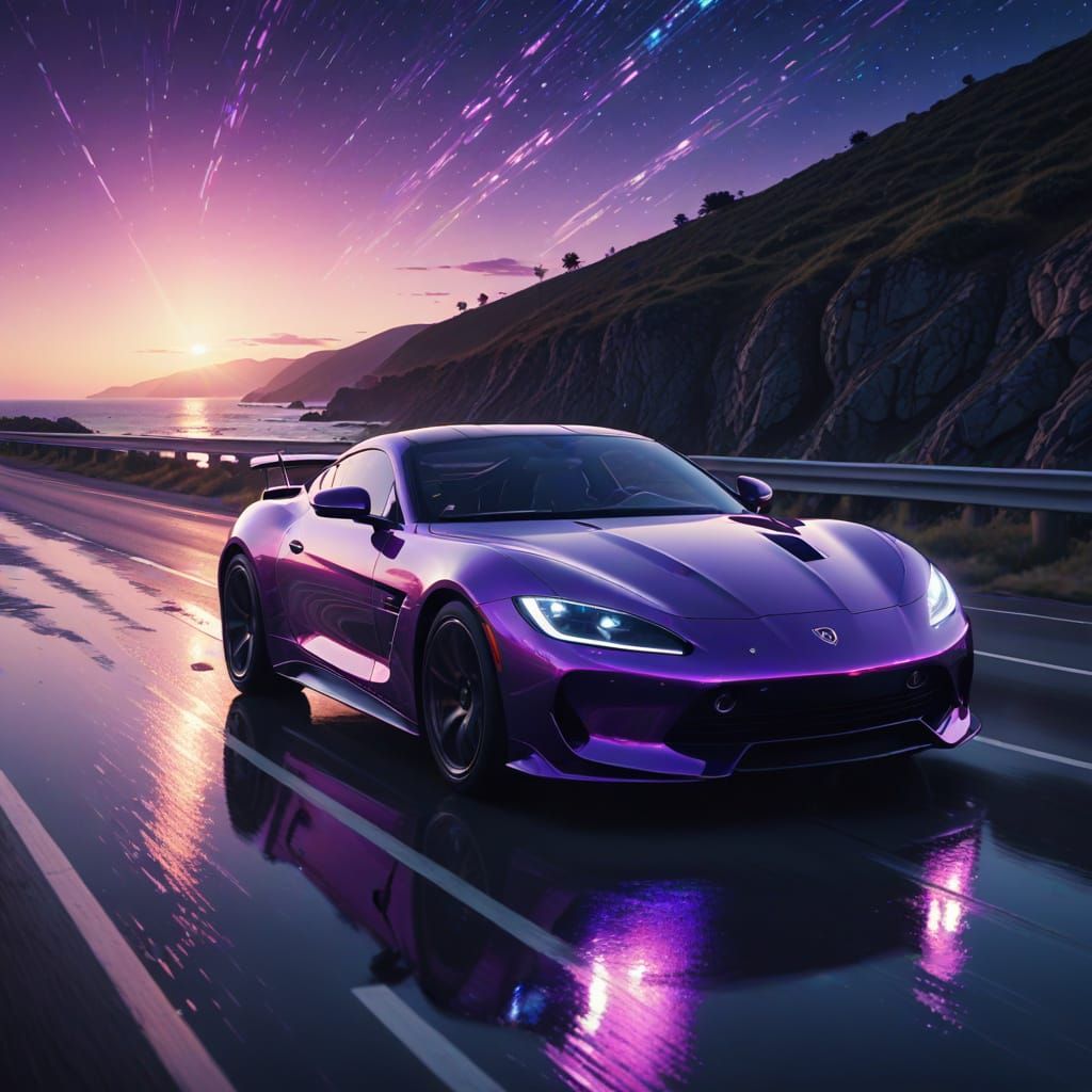 Futuristic Sports Car Races Coastal Highway in Sci-Fi Style