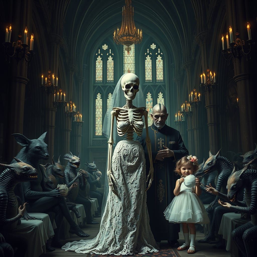 Surreal Skeleton Bride in Gothic Cathedral