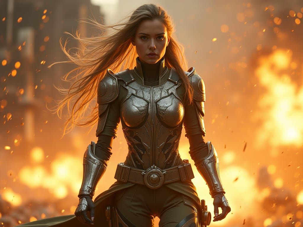 Hyper-Realistic Superheroine in Epic Gold and Silver Battle
