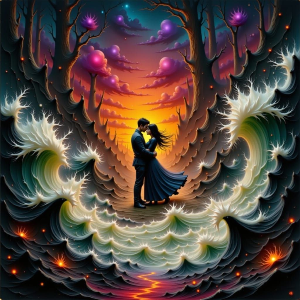 Couple Embracing Amidst Swirling Elemental Forces