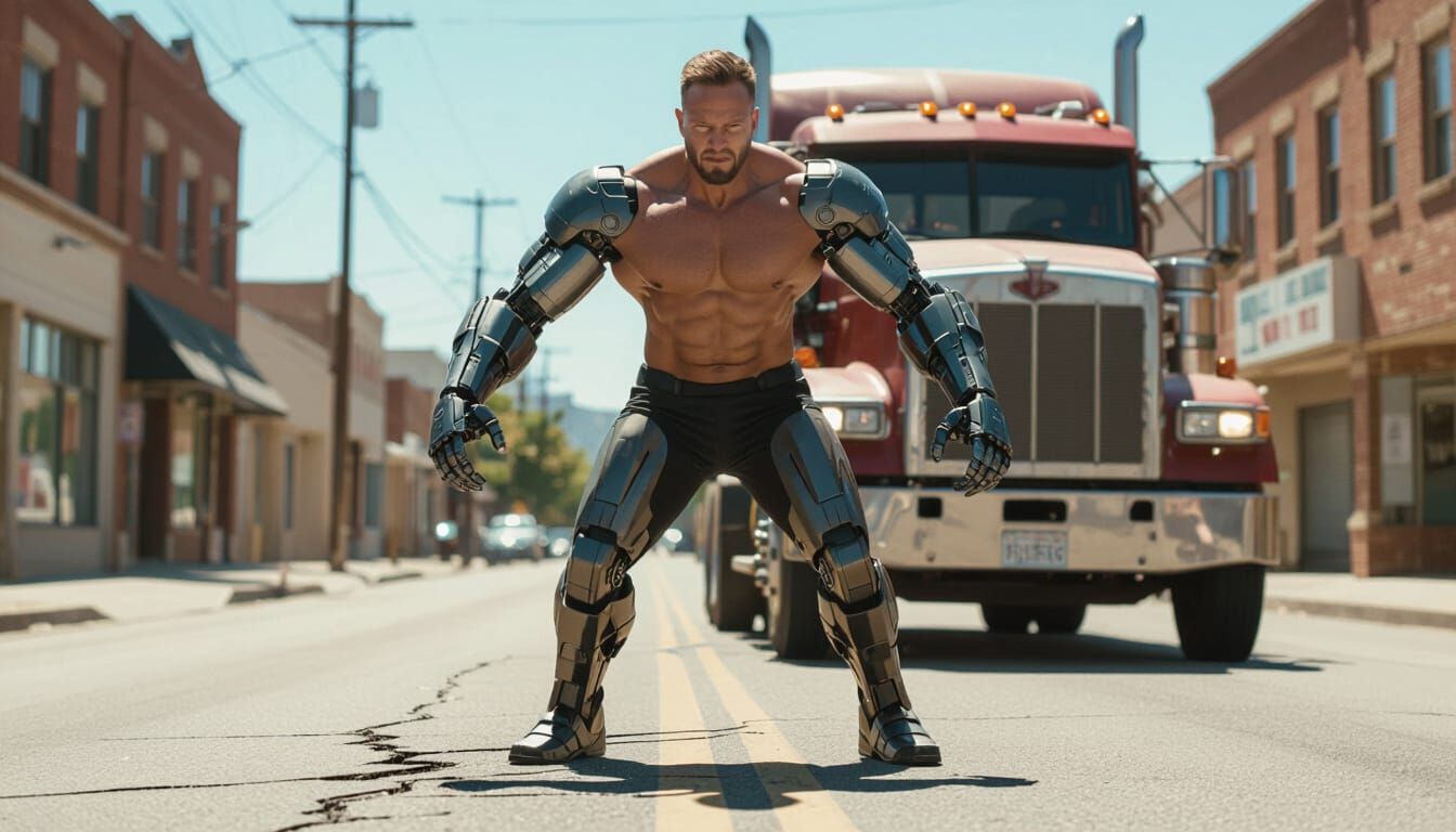 Cybernetic Hero Stops Truck With Super Strength