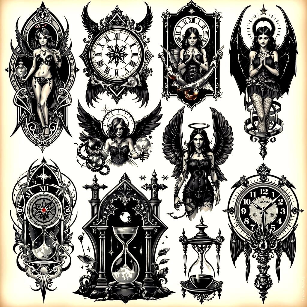 Gothic Tattoo Sheet with Angels, Demons, Hourglasses