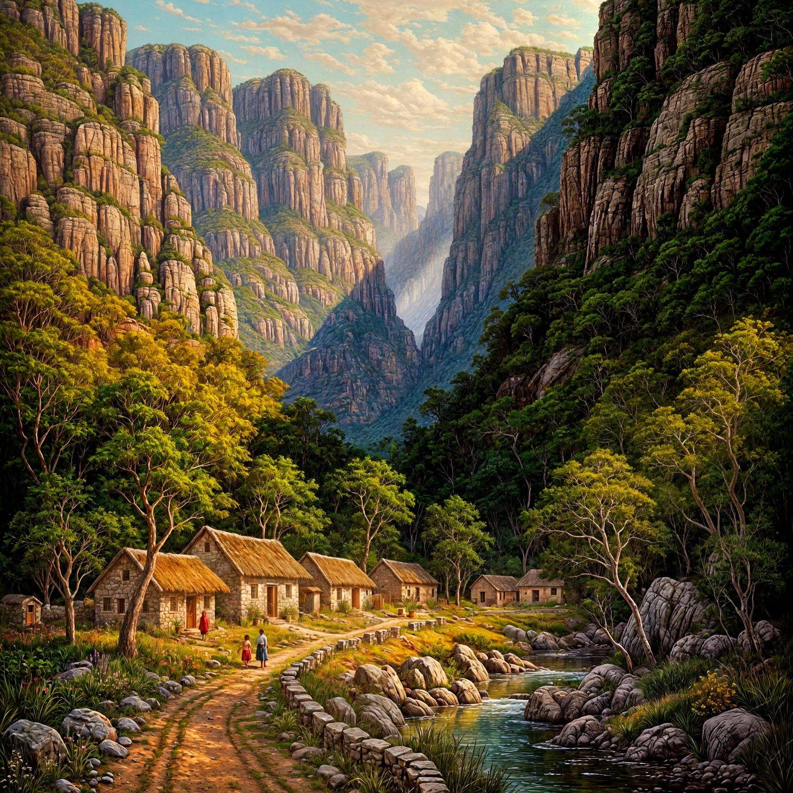 South African Village Landscape in Oil Painting Style