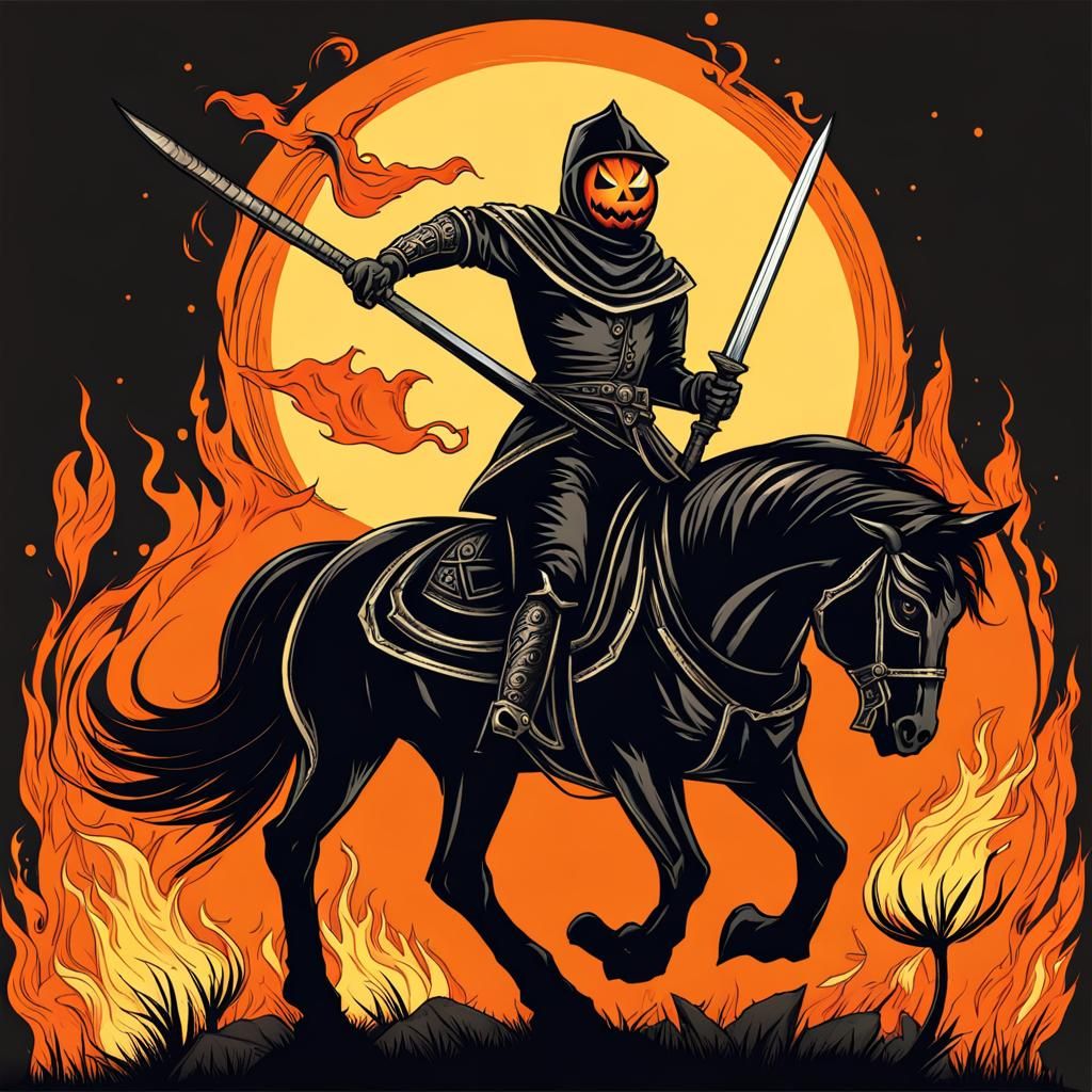Pumpkin Head Knight with Flaming Eyes on Horse