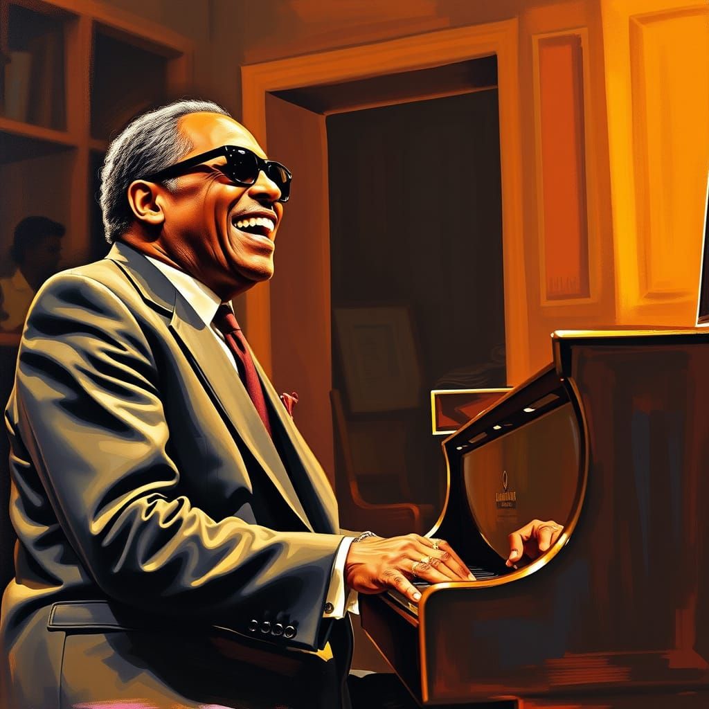 Ray Charles Performs Joyfully at Piano in Warm Setting