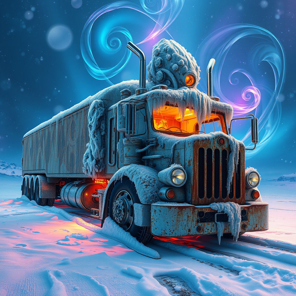 Icy Truck in Frozen Landscape, Biomechanical Art