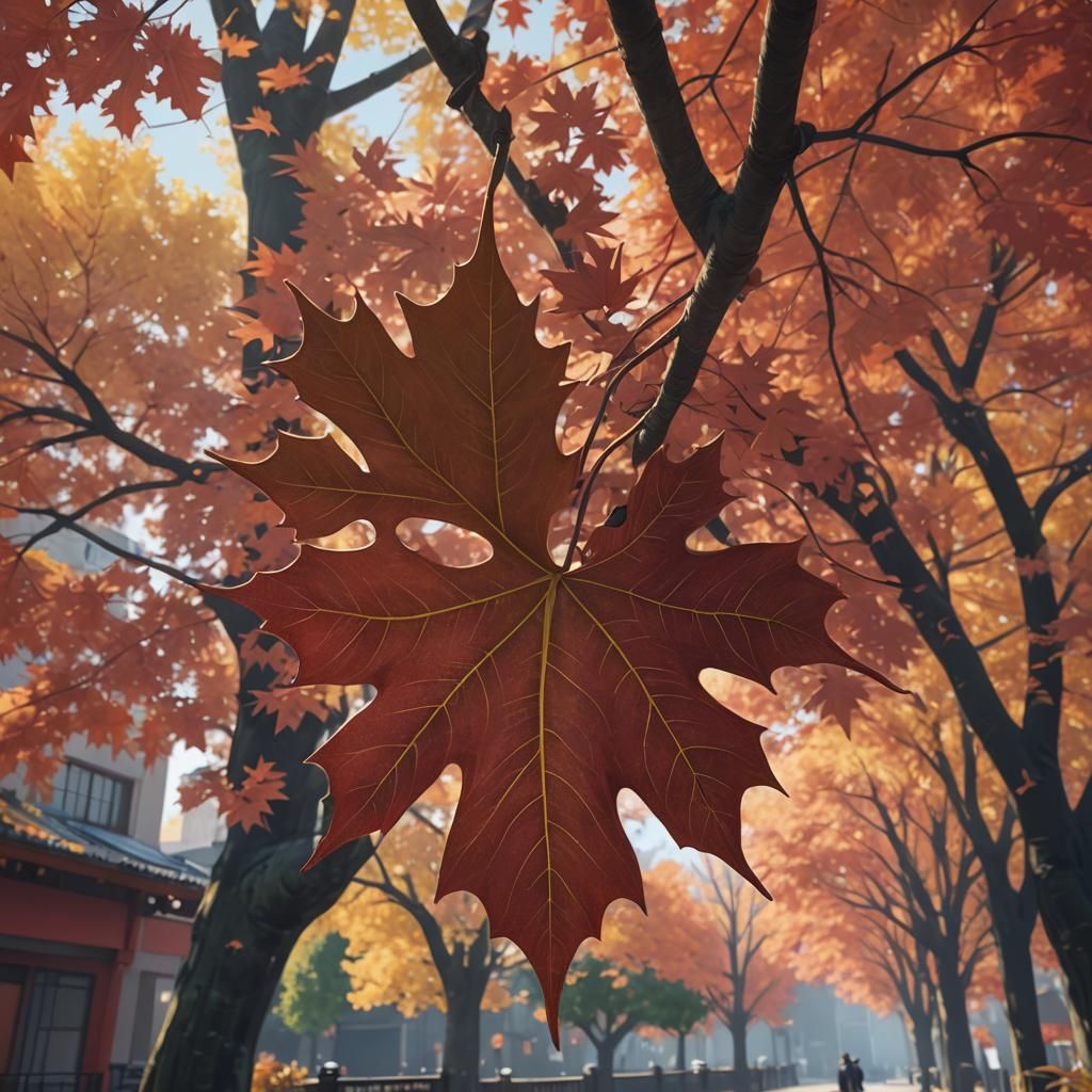 Chinar Leaf in Red Autumn: 3D Anime Art