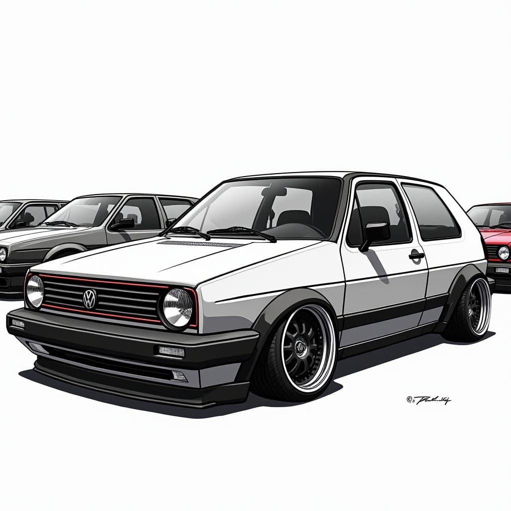 VW Golf GTI with Deep Dish Wheels, Stylized Illustration