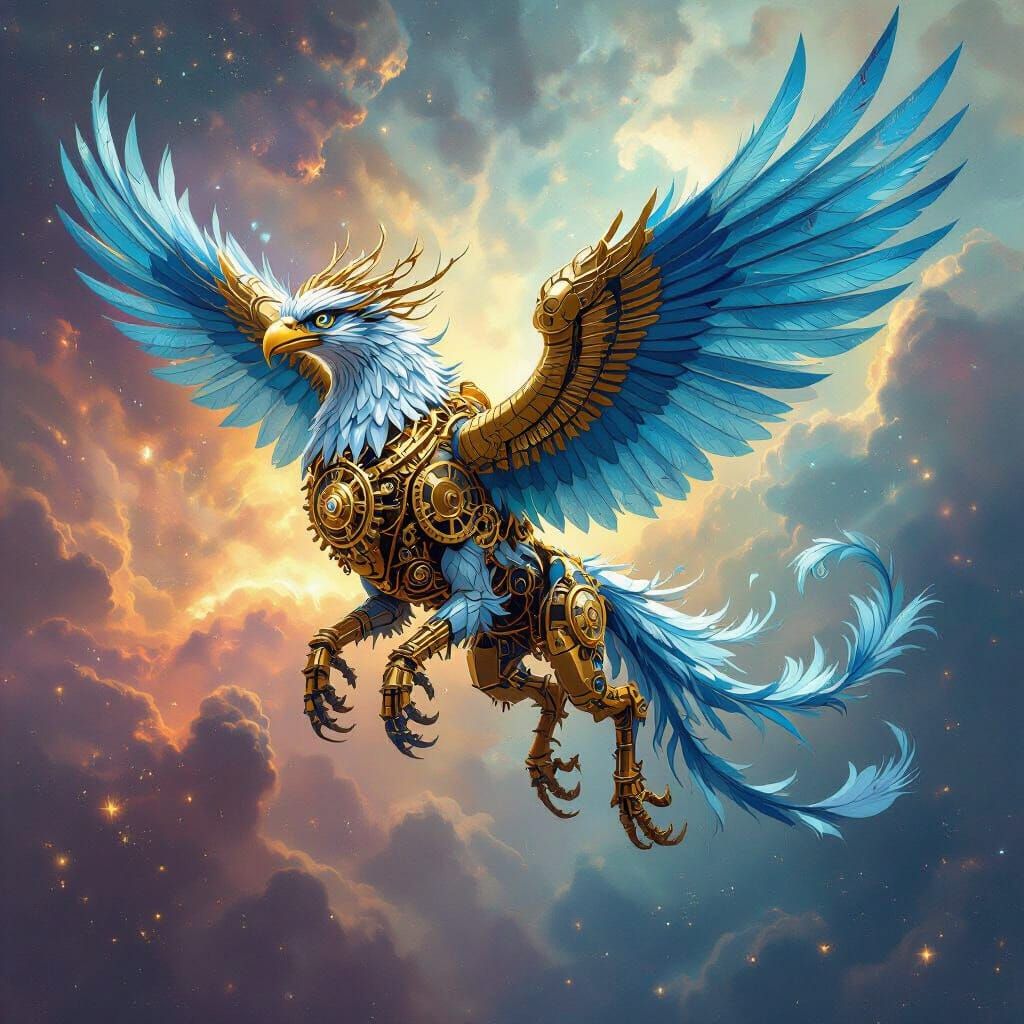 Clockwork Griffin Soars Through Nebula in Steampunk Style