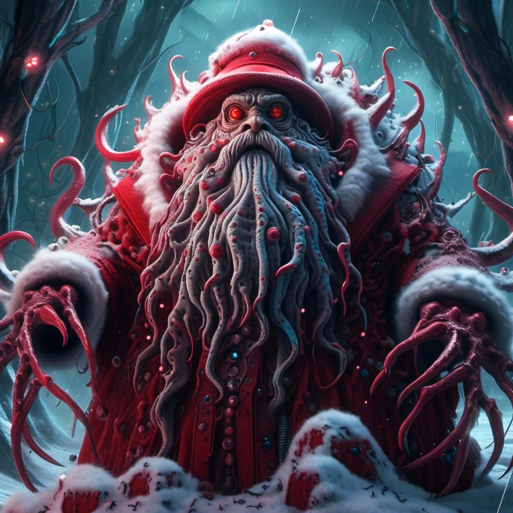 Lovecraftian Santa Claus Horror in Snowy Landscape