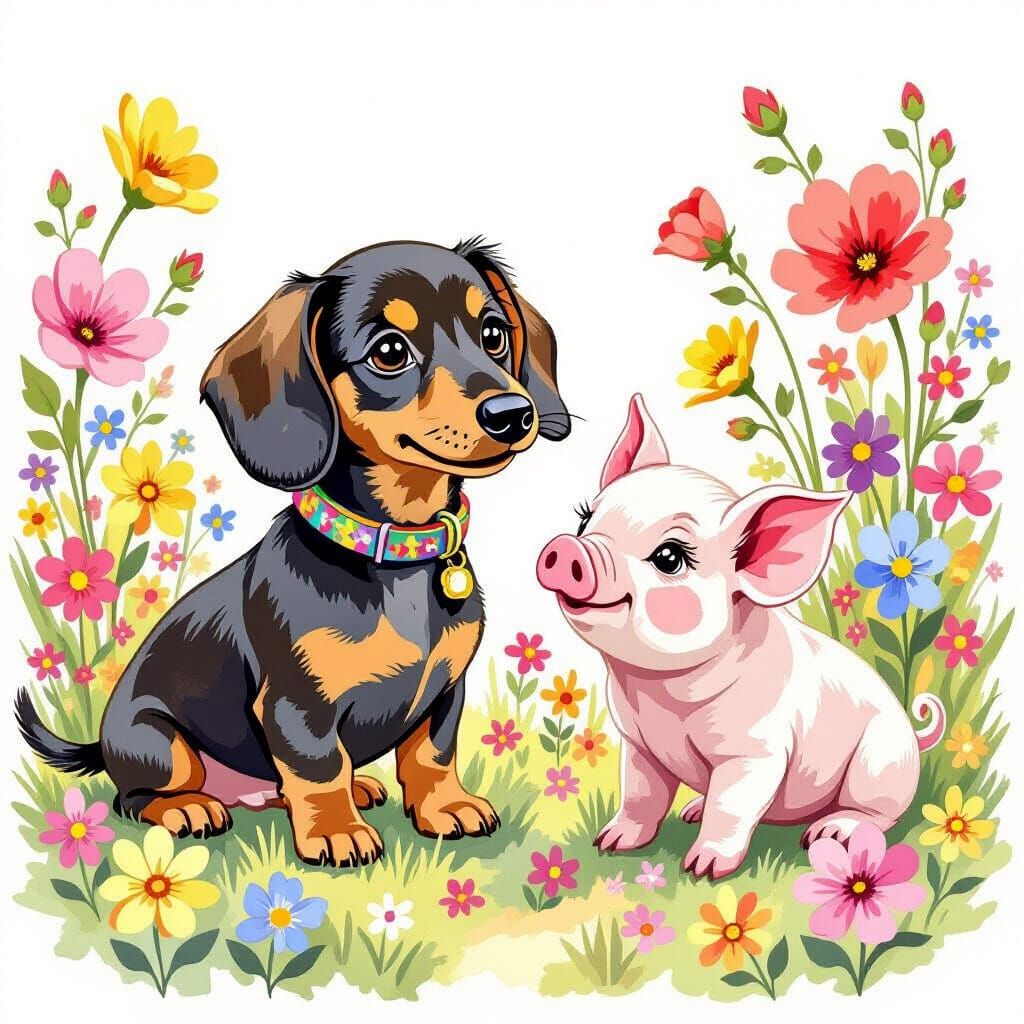 Dachshund, Puppy, and Piglet Play in Whimsical Garden