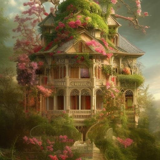 Ornate Birdhouse in Rococo Art Nouveau Garden