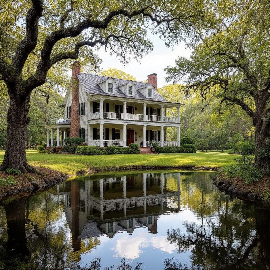 Idyllic Acadian House by Pond with Oak Trees