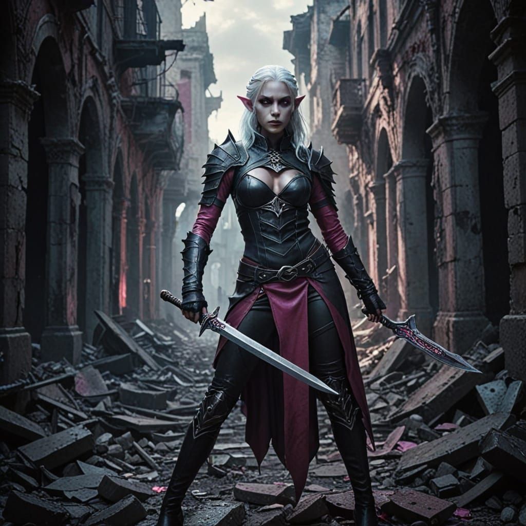 Drow Elf in Ruined City, Dark Fantasy Art