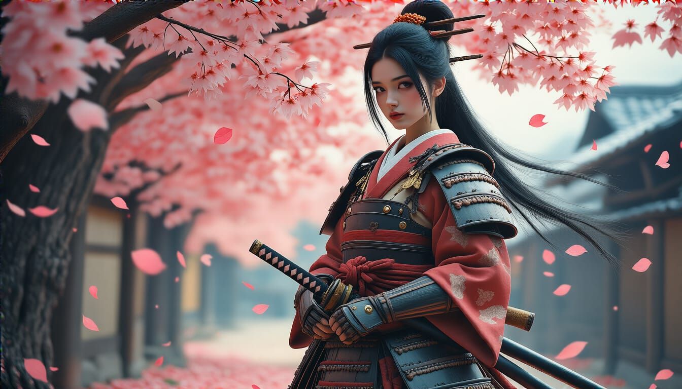 Beautiful Samurai Woman in Sakura Forest