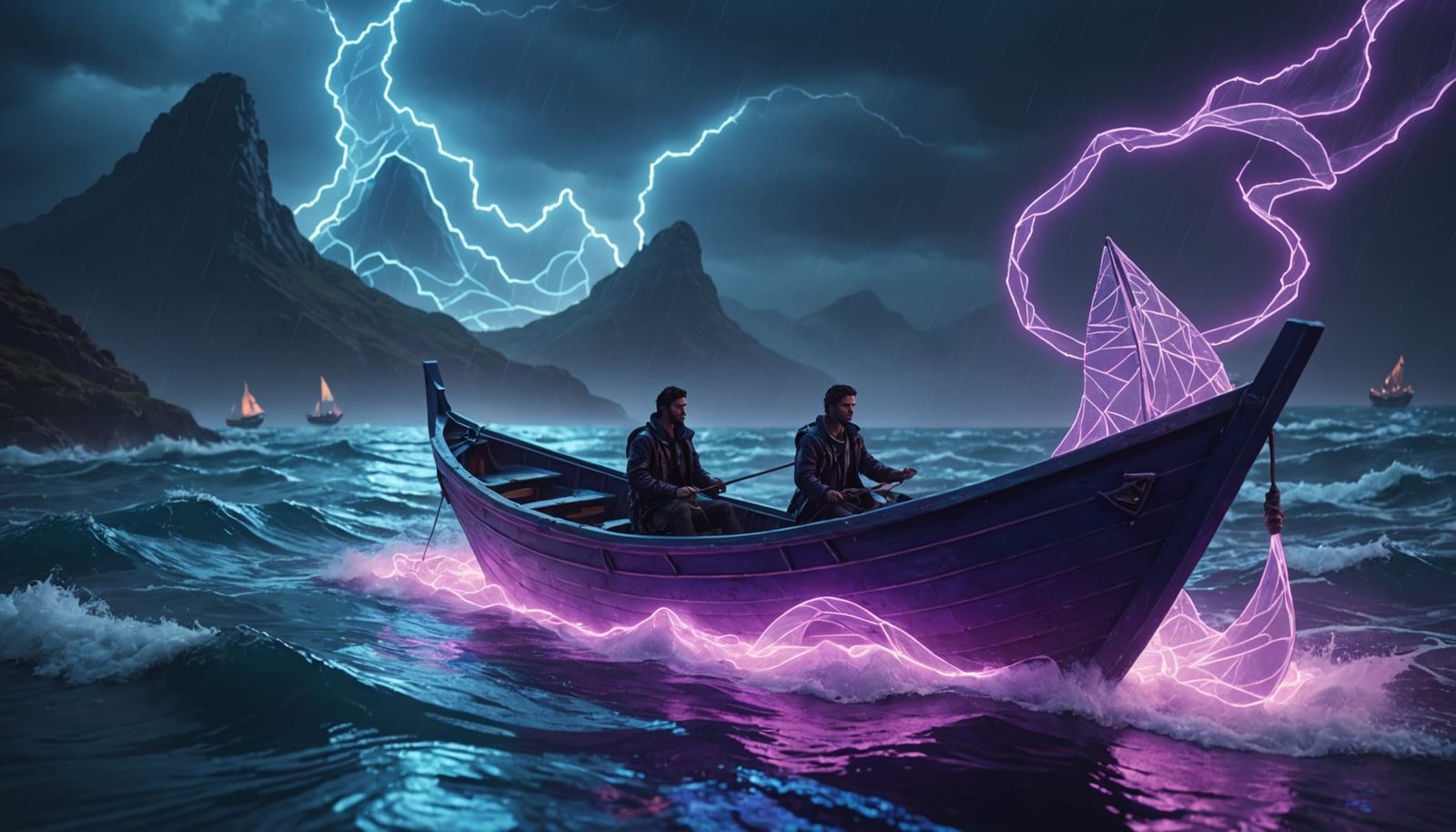 Neon Lit Paper Boat Sailing in Cyberpunk Style