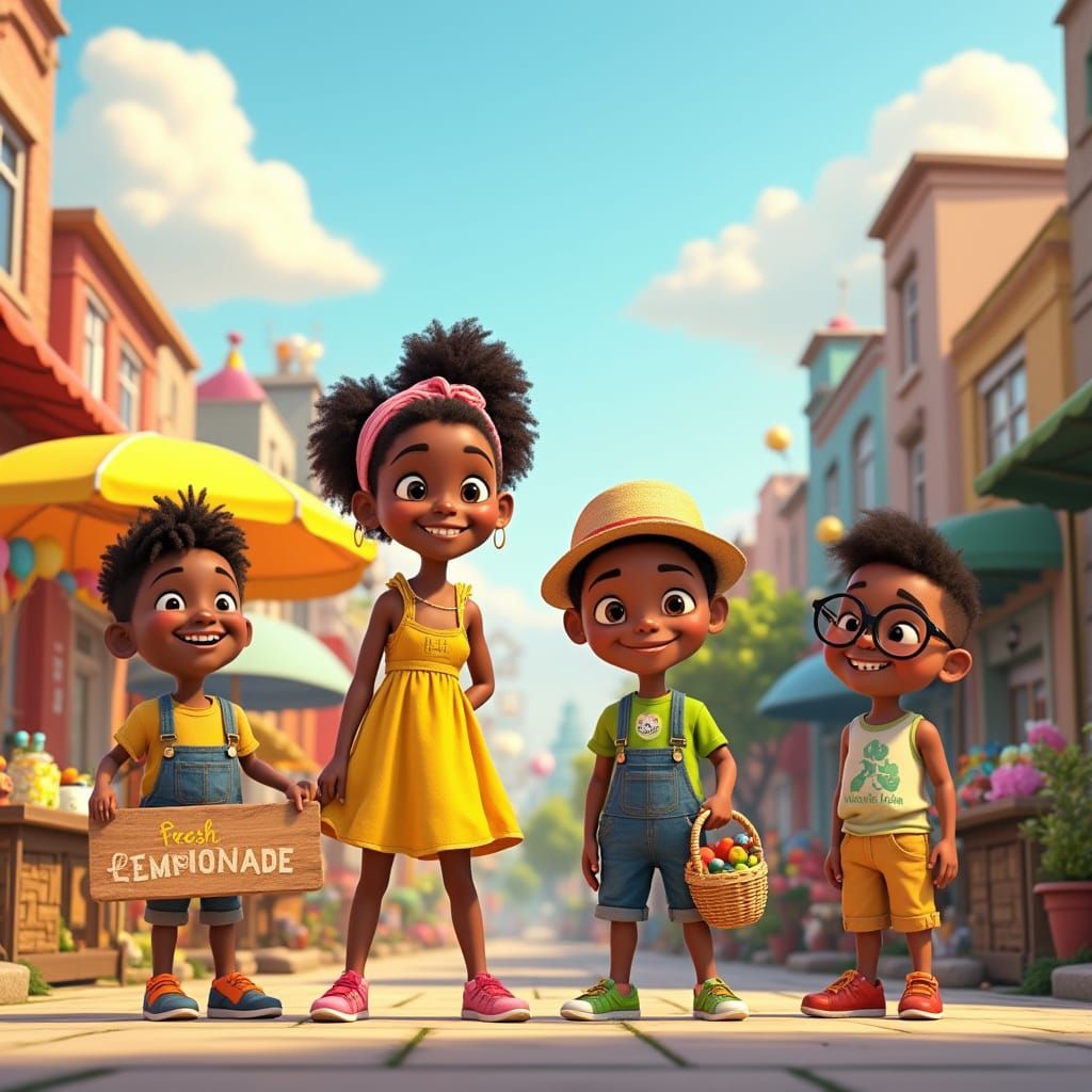 Vibrant City Scene with Happy African American Children