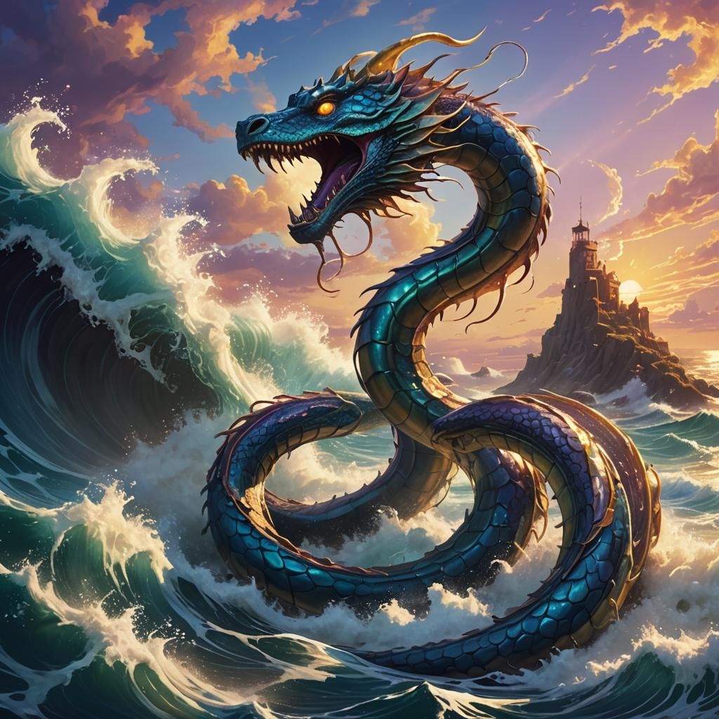 Majestic Sea Serpent Emerges: Fantasy Illustration