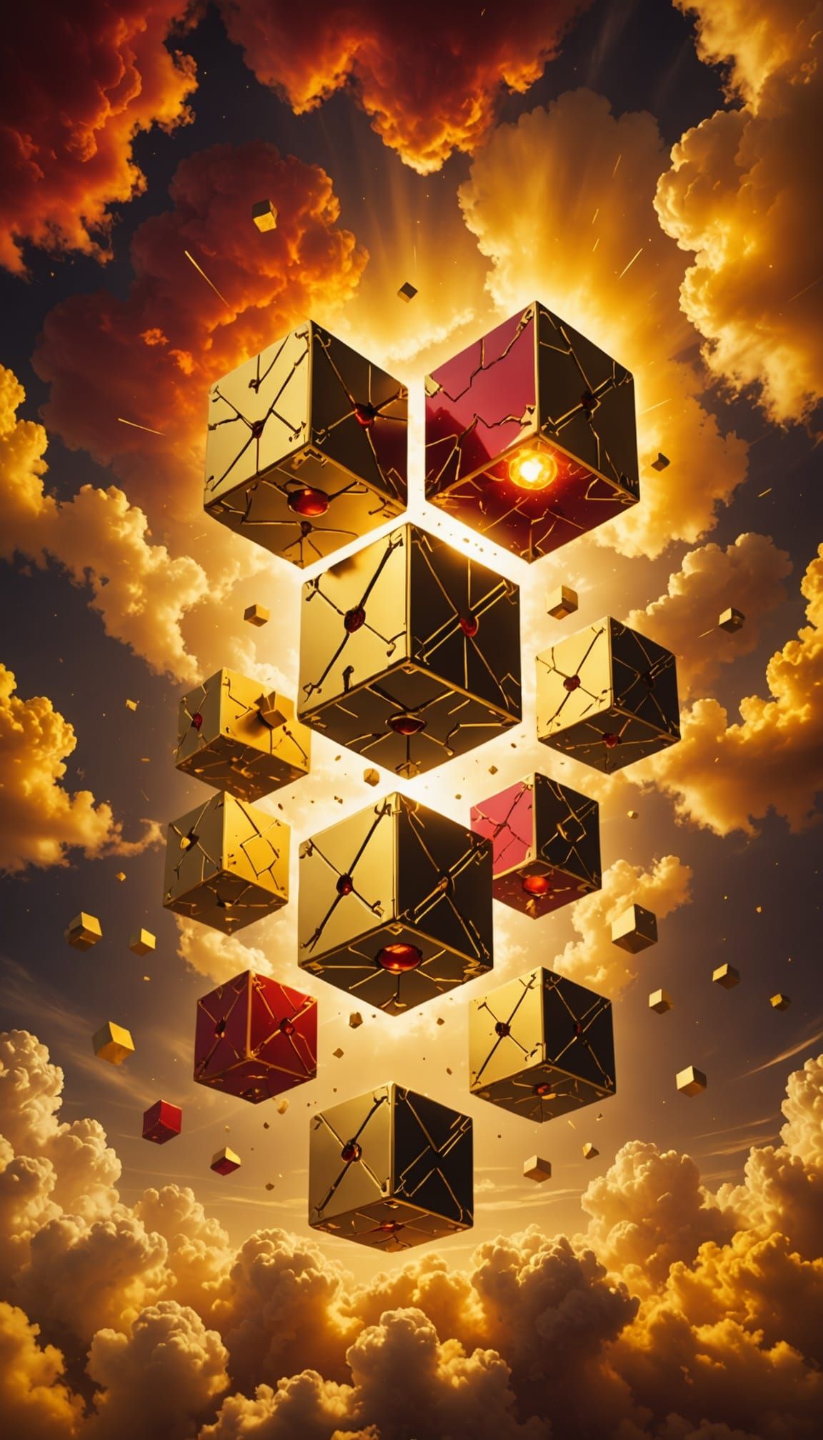 Golden Cubes Amidst Radiant Yellow Clouds