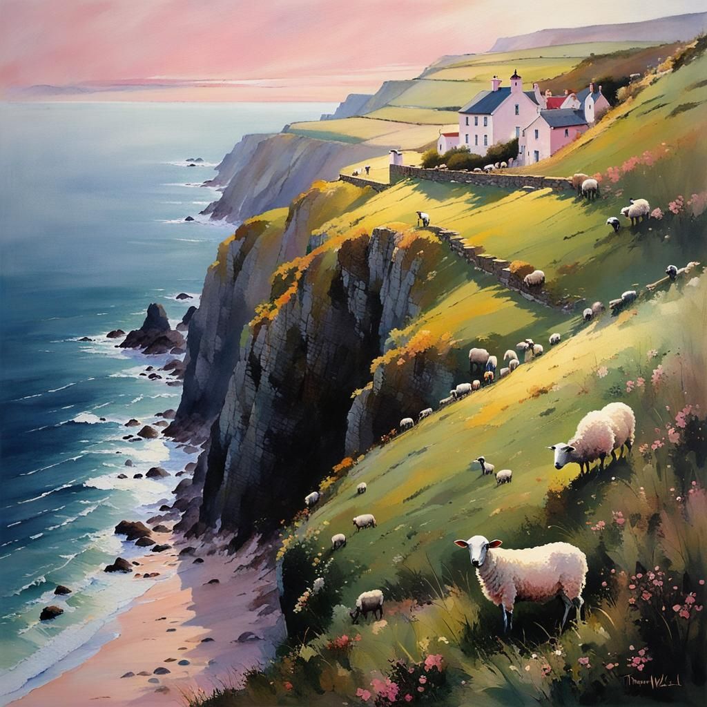 Coastal Shepherd and Sheep in Pink Evening Light