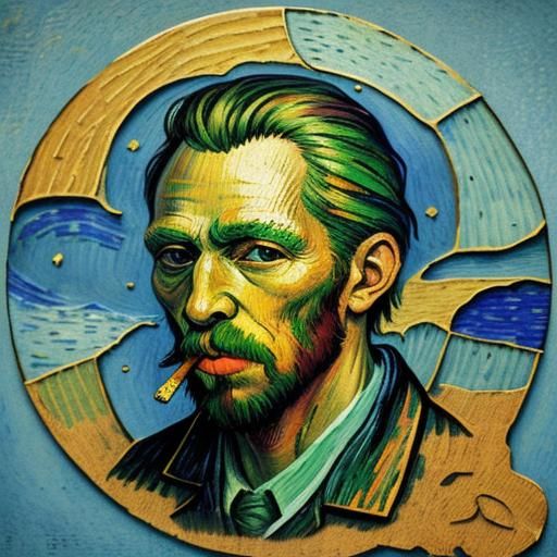 Crazy Smoker in Woodcut 3D Futurism Style