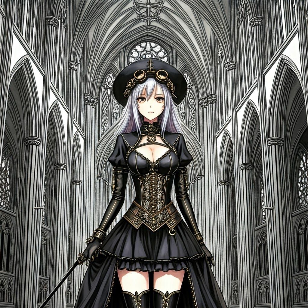 Steampunk Sorceress in Ink Illustration Style