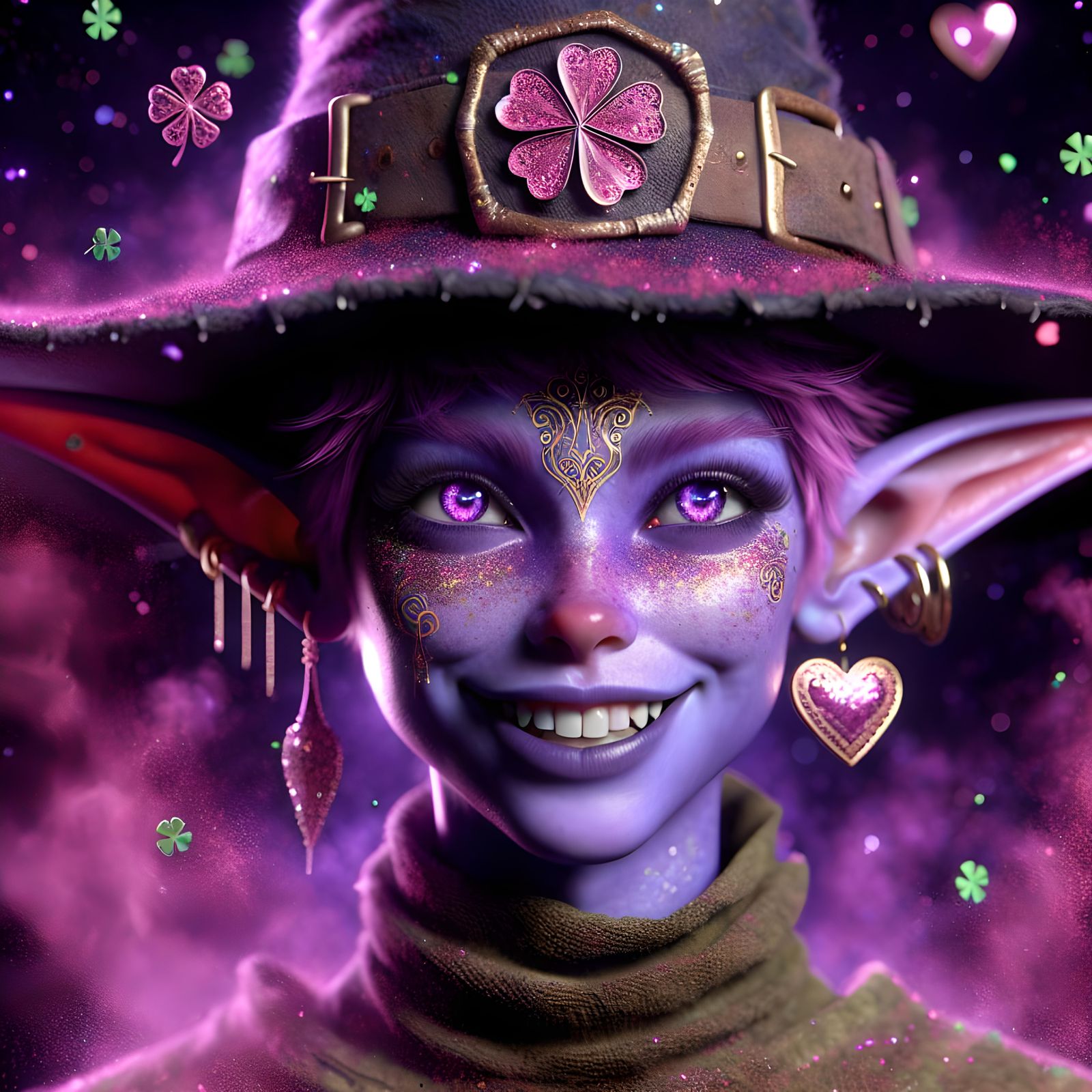 Happy Purple Elf with Clover Witch Hat