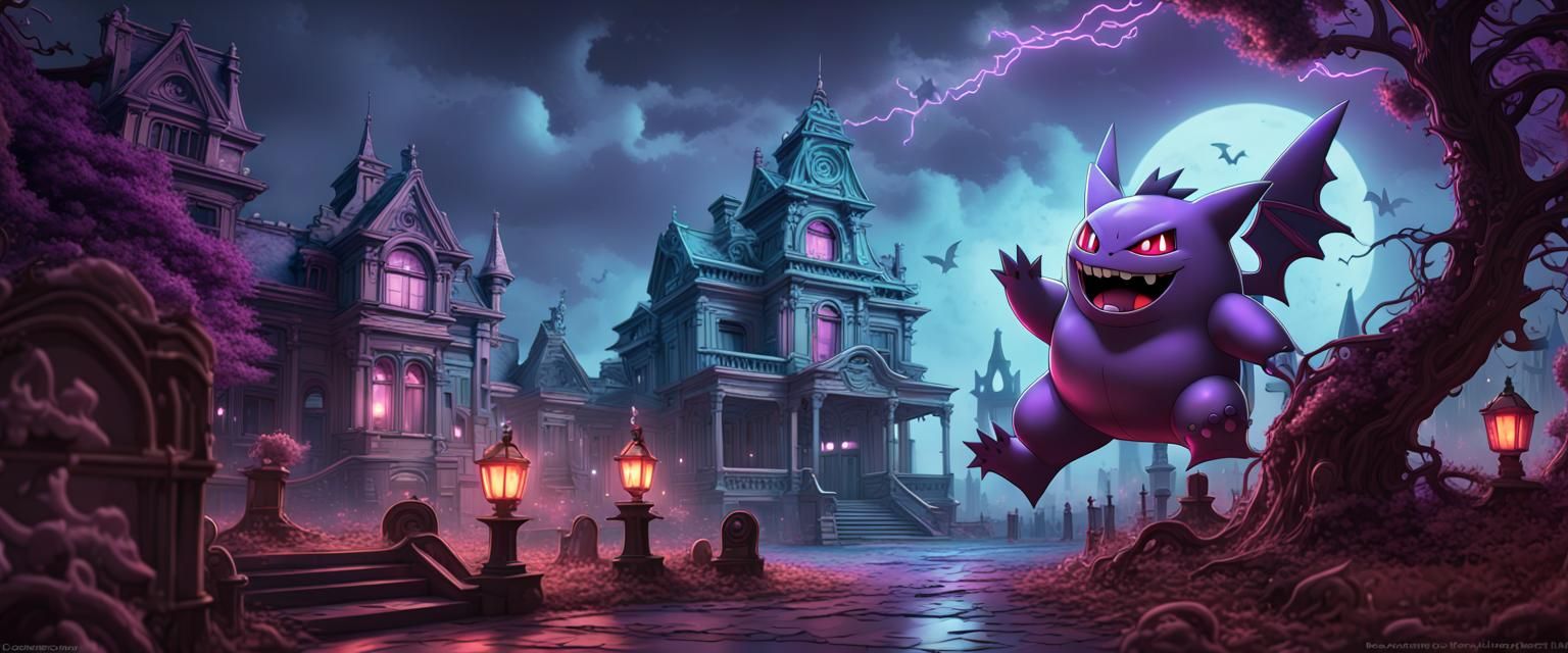 Gengar in Haunted Burial Ground, Cyberpunk Art