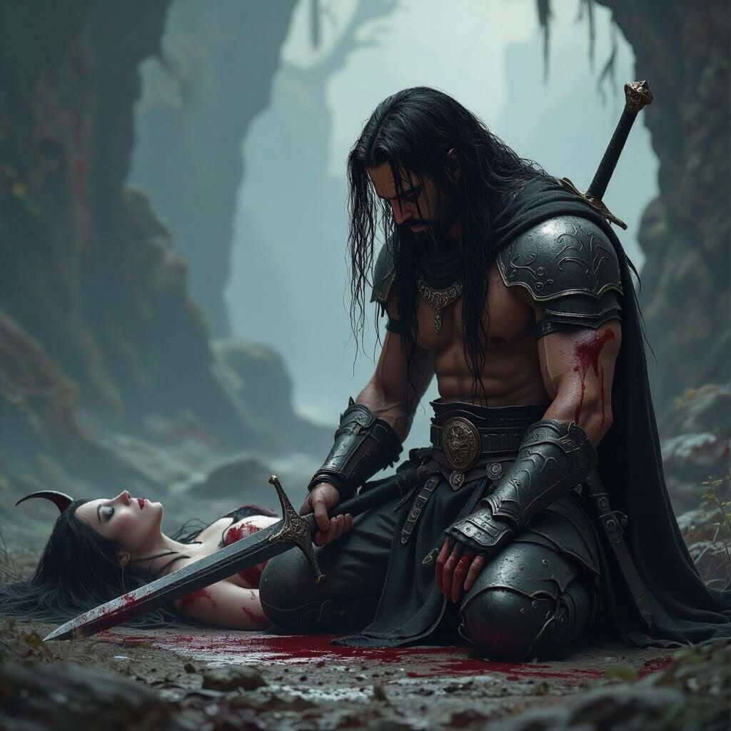 Wounded Warrior Mourns a Demon, Dark Fantasy Art