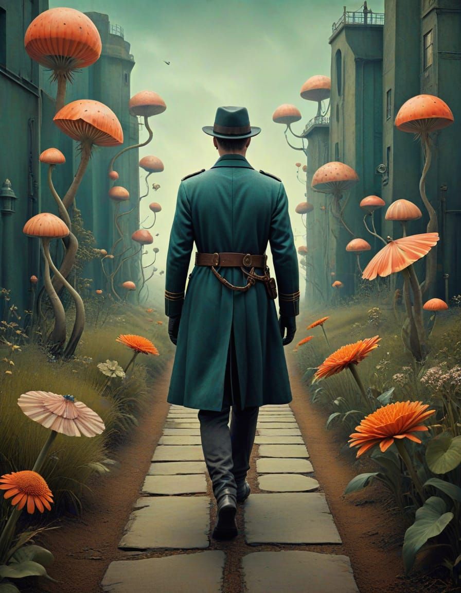 Dieselpunk Man on Pathway to Nowhere in Vibrant Colors