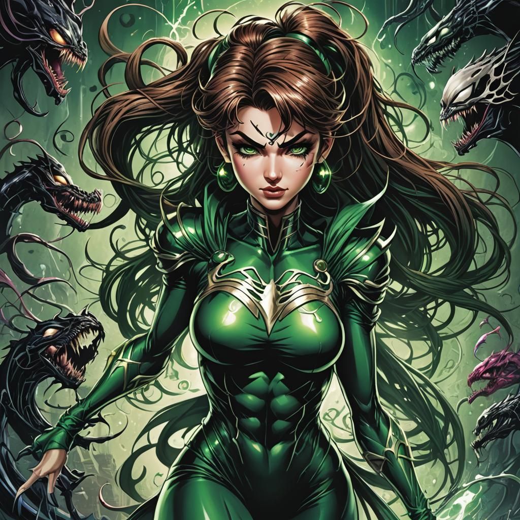 Sailor Jupiter with Venom Symbiote in Comic Art Style