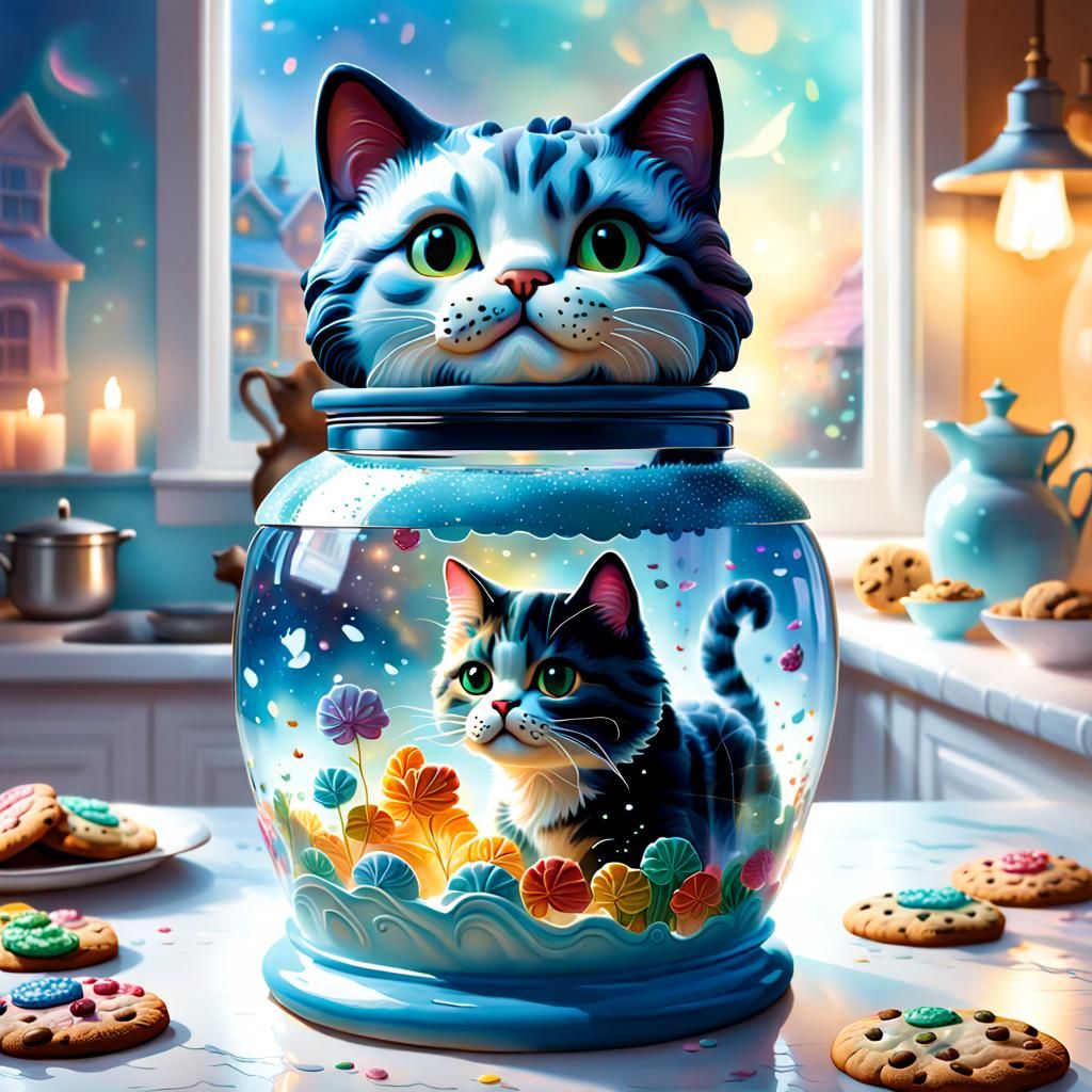 "A cookie jar covered in cute cat art. Hyperrealistic, splash art, concept art, mid shot, intricately detailed, color de...