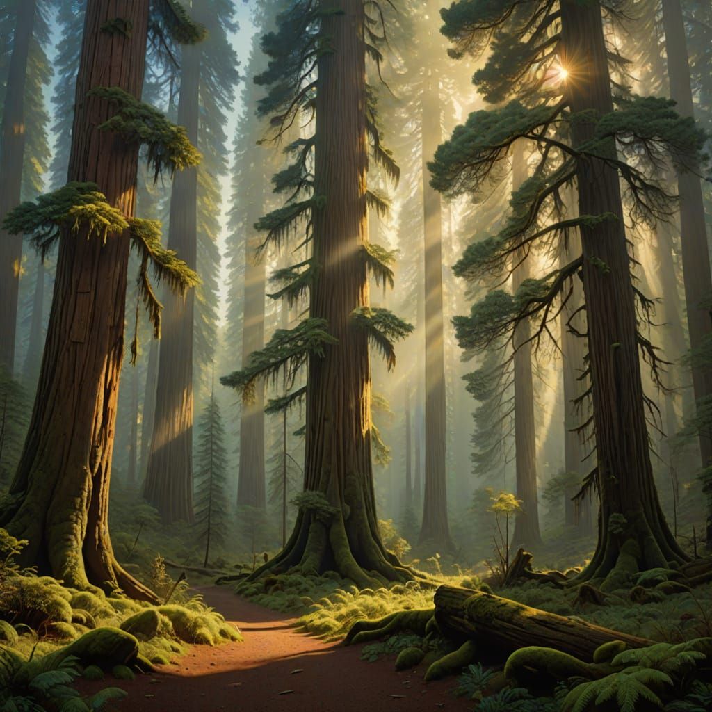 Ethereal Giant Redwood Forest in Golden Hour Fog