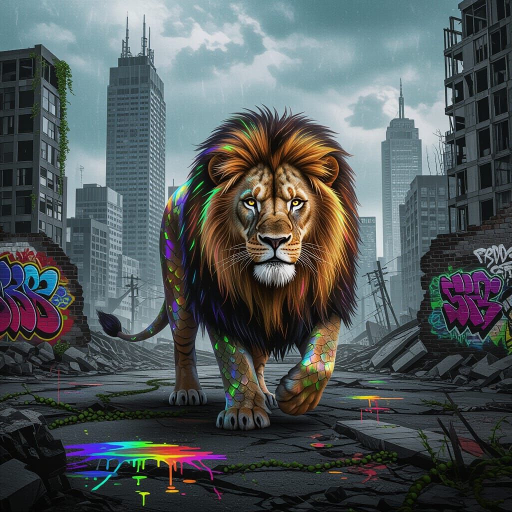 Iridescent Scaled Lion in Post-Apocalyptic Cityscape