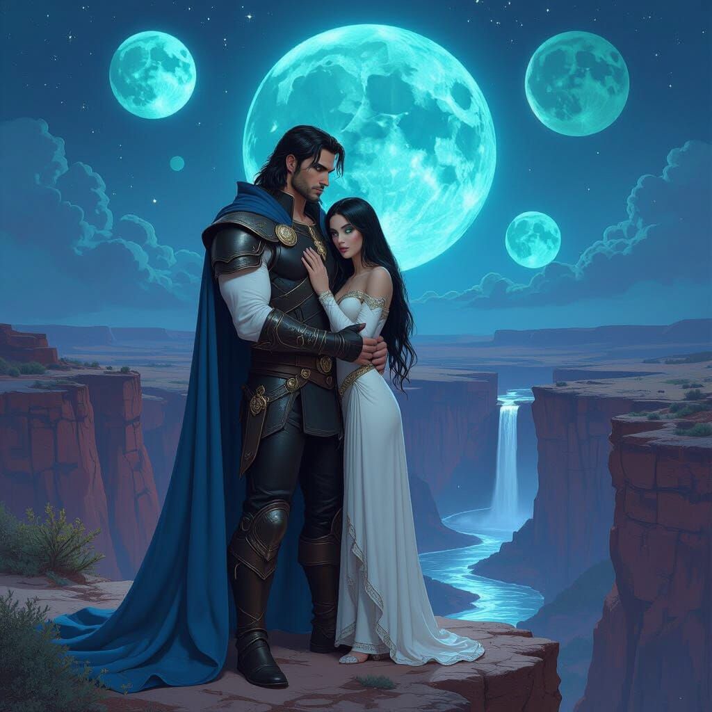 Hero Cradling Damsel Under Dragon Moonscape