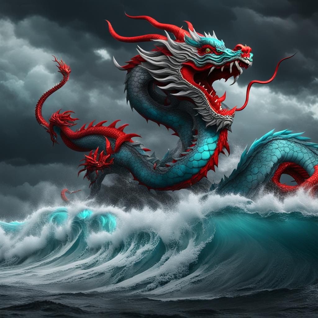 Red Chinese Dragon Emerges from Stormy Ocean
