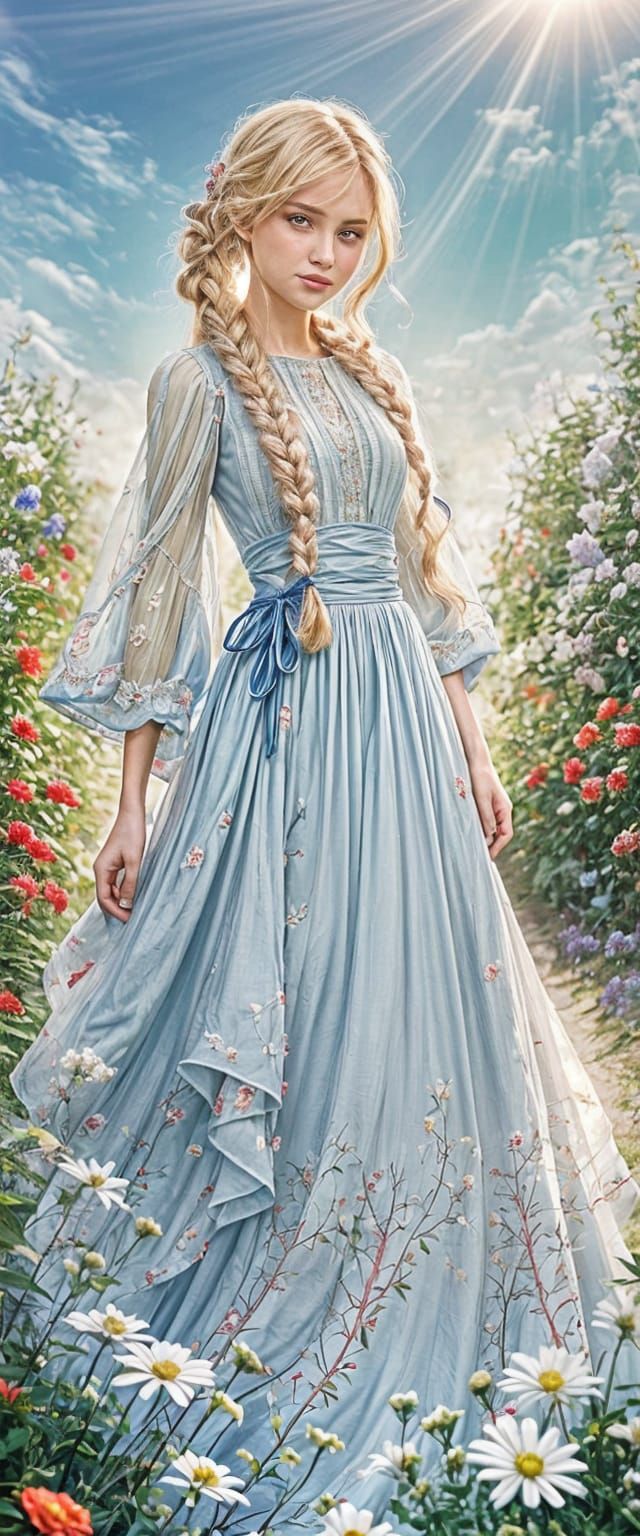 Pastel Garden Girl with Braids in Colorful Gown