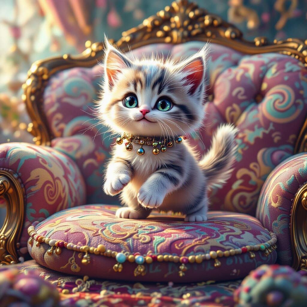 Iridescent Kitten's Plush Sofa Adventure in CGI