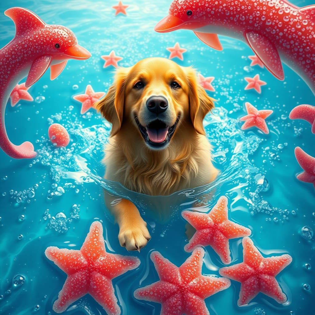 Golden Retriever in a Soda Sea, Dreamlike Image