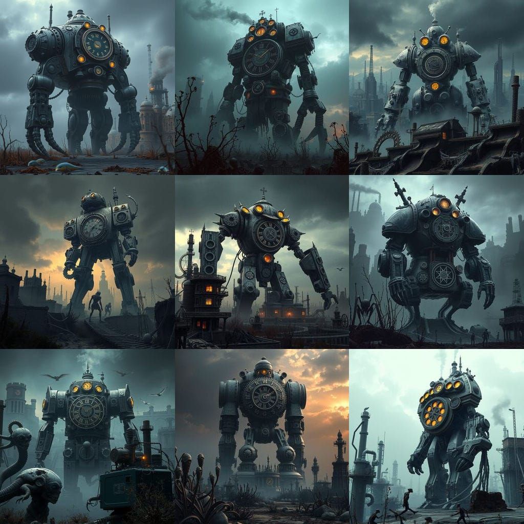 Clockwork Golem Sentinel in Steampunk Wasteland