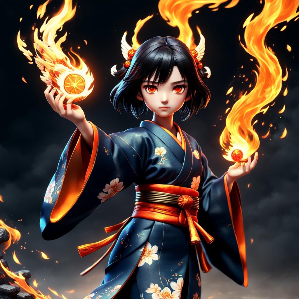 Anime Figurine: Black Haired Angel Playing with Fire