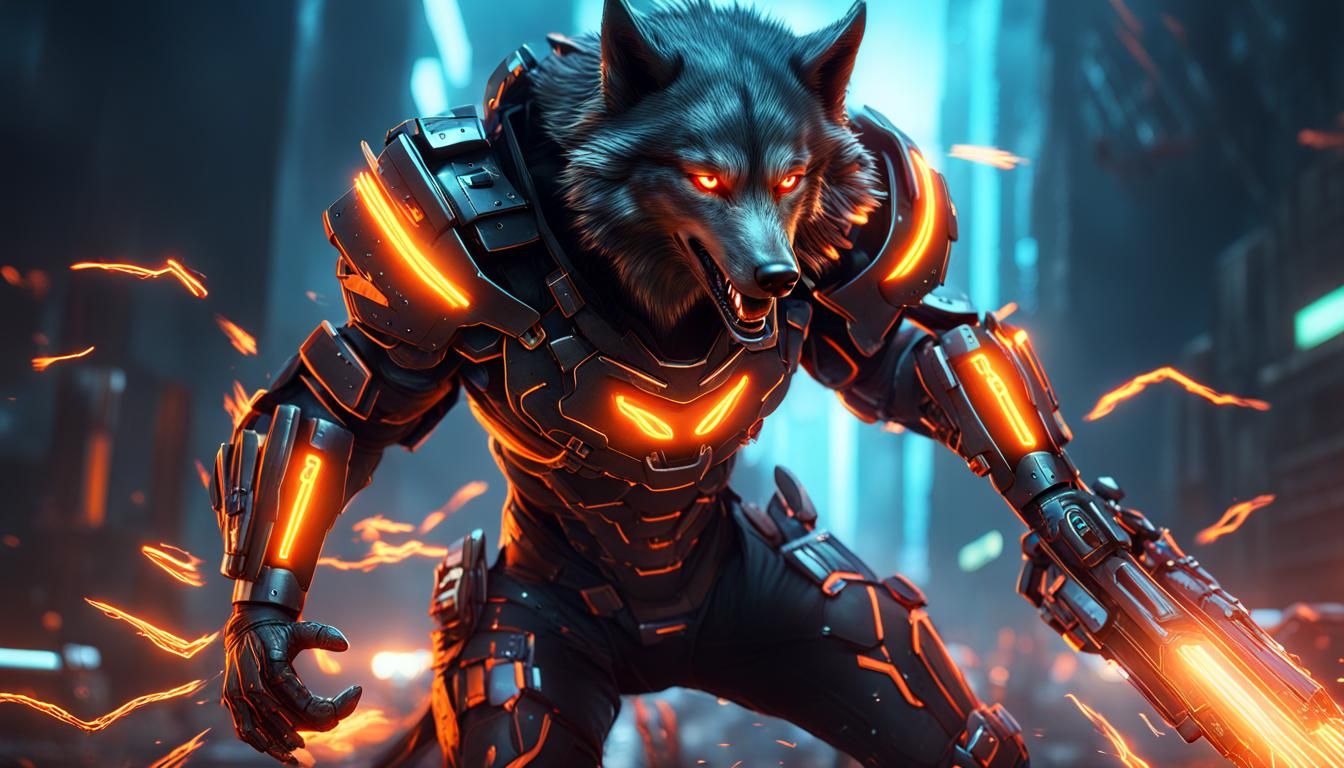 Cybernetic Wolf Warrior in Epic Fight Scene