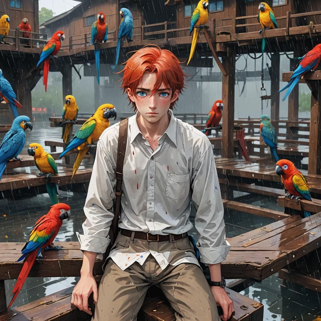 Sad Teenager on Rainy Dock in Anime Style