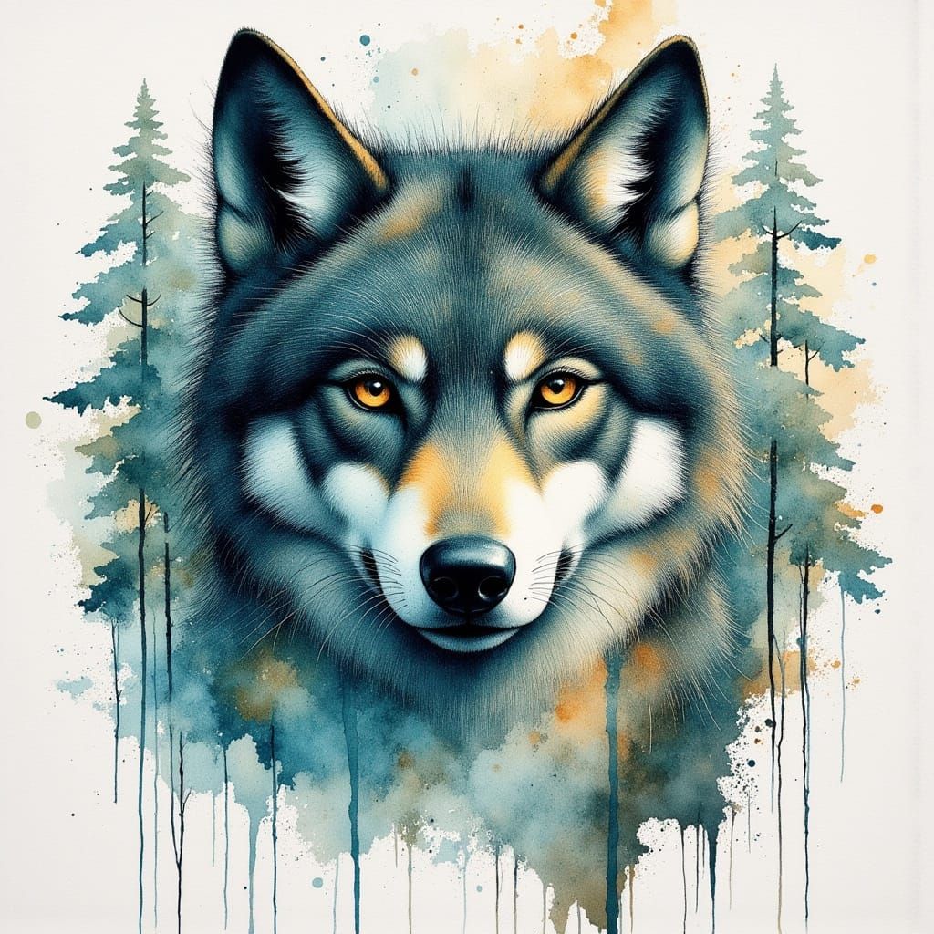Wolf Face Merging with Watercolor Trees in Surreal Style
