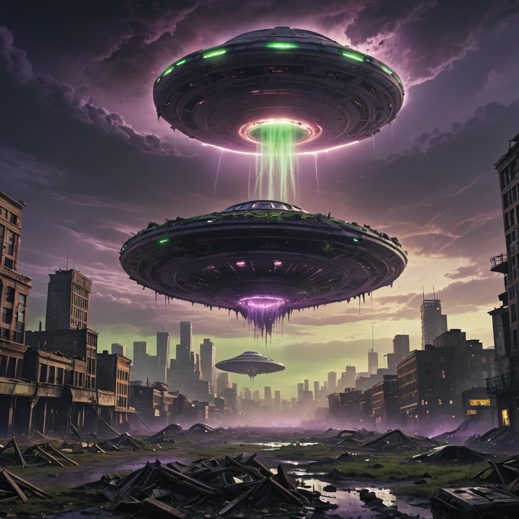 Giant UFO over Ruined Cityscape in Matte Painting
