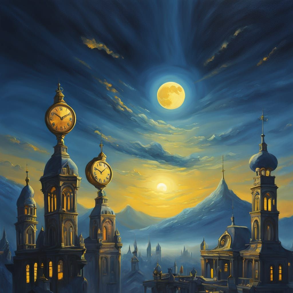 Surreal Moonlit Clock Towers in Dreamy Landscape