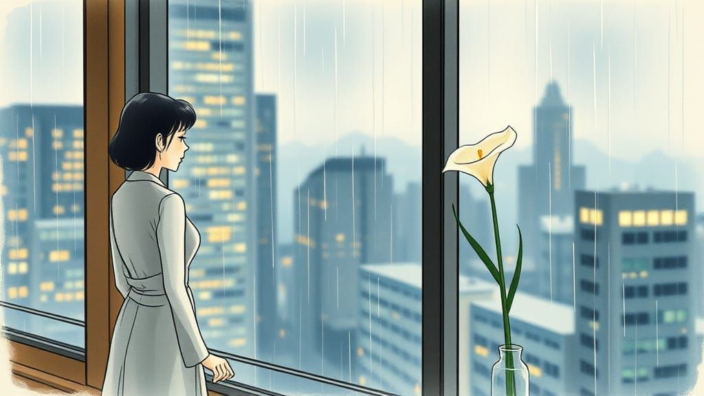 Woman Gazing at Rain, Japanese Woodblock Print Style