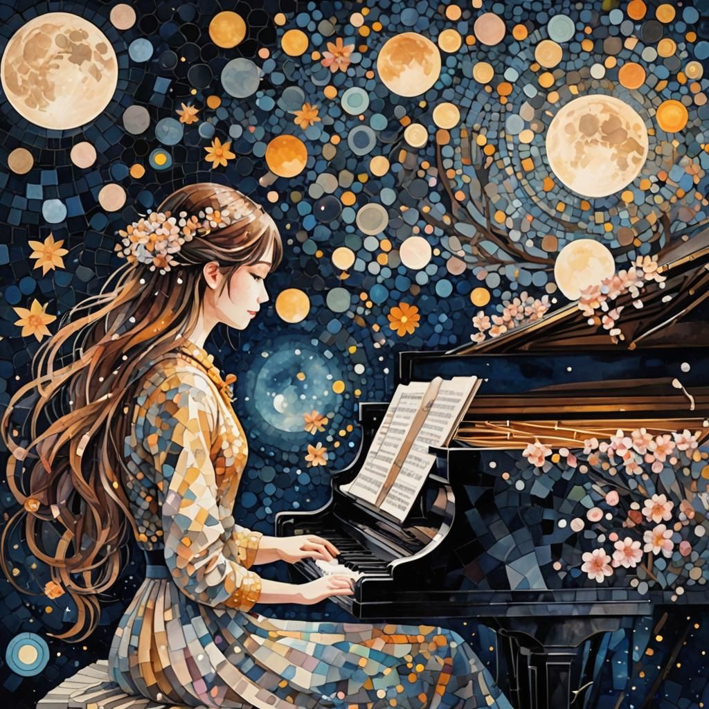 Girl at Piano in Circle Mosaic Under Moonlit Sky