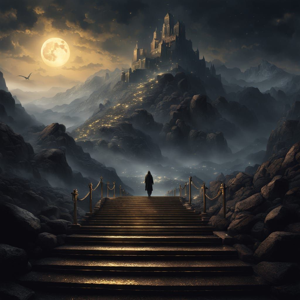 Mare Climbs Bronze Steps in Ominous Oil Painting