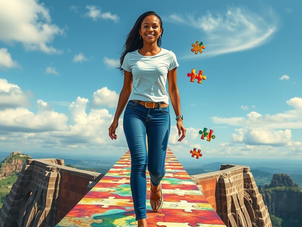 Vibrant Young Woman Defies Gravity on a Surreal Jigsaw Bridg...